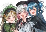  3girls beret bird_hat_ornament black_bow black_bowtie black_capelet black_choker black_coat black_flower black_hat black_rose blonde_hair blue_hair bonnet bow bow_flower bowtie braid braided_hair_rings capelet choker closed_eyes coat collared_coat commentary_request deerstalker fang flower flower-trimmed_sleeves gradient_hair green_bonnet grey_vest hair_bow hair_flower hair_ornament hair_rings hat hat_bow hat_flower highres hug long_hair long_sleeves mahou_shoujo_no_majo_saiban multicolored_hair multiple_girls neck_ribbon open_mouth pink_eyes pink_hair ribbon rose sakuraba_ema shirt short_hair simple_background sleeveless sleeveless_coat smile tachibana_sherry teeth tono_hanna twintails upper_teeth_only vest watermark white_background white_flower white_hair white_ribbon white_rose white_shirt white_sleeves winged_hat x_hair_ornament yashiromiya_inori yellow_flower yellow_rose yuri 