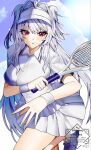  1girl ahoge blush breasts commentary fate/grand_order fate_(series) hair_intakes hat highres kabosoi_mangaka long_hair looking_at_viewer medium_breasts merlin_(fate/prototype) merlin_(fgo_fes._2026)_(fate/prototype) racket red_eyes shirt shoes skirt solo tennis_racket thighs twintails very_long_hair visor_cap white_hair white_shirt white_shoes white_skirt wristband 