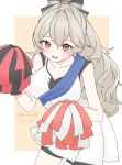  1girl armpits bare_arms black_unitard blue_sash blush border breasts cheerleader cleavage collarbone female_corrin_(cheer_power)_(fire_emblem) female_corrin_(fire_emblem) fire_emblem fire_emblem_fates fire_emblem_heroes grey_hair hair_between_eyes hand_up highres holding holding_pom_poms large_breasts long_hair official_alternate_costume official_alternate_hairstyle open_mouth orange_background pom_pom_(cheerleading) ponytail red_eyes sash sayaka_(fe_uma274) shirt simple_background skirt sleeveless sleeveless_shirt smile white_border white_shirt white_skirt 