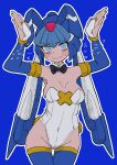 1girl absurdres alternate_costume animal_ears blue_background blue_eyes blue_helmet blue_thighhighs blush breasts buzzlyears commentary english_commentary fairy_leviathan_(mega_man) fake_animal_ears fins forehead_jewel head_fins helmet highleg highleg_leotard highres leotard mega_man_(series) mega_man_zero_(series) nervous_smile nervous_sweating playboy_bunny rabbit_ears rabbit_pose revision simple_background smile solo sweat tears thighhighs white_leotard 