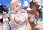  3girls alternate_breast_size_(larger) aqua_hair beach bikini black_hair blonde_hair breasts brown_hair cleavage cloud commentary dark-skinned_female dark_skin day dazzling_pearl_(nikke) earrings english_commentary eyewear_on_head food food_in_mouth goddess_of_victory:_nikke highres huge_breasts jewelry large_breasts little_mermaid_(nikke) little_mermaid_(shell_princess)_(nikke) long_hair looking_at_viewer multicolored_hair multiple_girls naga_(nikke) naga_(ring_ensemble)_(nikke) navel ocean official_alternate_costume orange_eyes outdoors popsicle popsicle_in_mouth purple_eyes sand sarong sky small_chair_(xiaosaiyi33818) smile stomach summer sunglasses swimsuit thighhighs thighs tia_(nikke) tia_(sea_lizzie)_(nikke) two-tone_hair very_long_hair water white_bikini white_sarong white_thighhighs yellow_eyes 