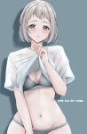  1girl absurdres blue_eyes blue_ribbon blush bra braid breasts clothes_lift commentary_request drop_shadow gakuen_idolmaster grey_bra grey_hair grey_panties groin hair_ribbon half_up_braid highres idolmaster katsuragi_lilja lifting_own_clothes looking_at_viewer navel no_pants panties ribbon ribbon_in_braid shirt shirt_lift short_hair short_sleeves simple_background skindentation solo stomach sweat swedish_text t-shirt translated underwear white_shirt yuzuyu_(hyui) 