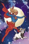  1girl artist_collaboration blue_shirt boots cape closed_eyes dc_comics dog full_moon highres krypto_the_superdog long_hair moon open_mouth rachel_dodson red_boots red_cape red_skirt shirt signature skirt supergirl superman_(series) teeth terry_dodson thigh_boots white_dog 