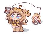  2girls :3 :d :p apron ball_hands blonde_hair blue_eyes blush_stickers bow bow_hairband brown_hair butter_(trickcal) can cape chibi chibi_only closed_mouth commentary_request crown ear_bow erpin_(trickcal) fishing_rod full_body hairband holding holding_fishing_rod long_hair multicolored_eyes multiple_girls open_mouth outstretched_arms peso_(pesomeren) pink_shoes pink_shorts purple_eyes red_cape red_eyes shirt shoes short_sleeves shorts simple_background smile spread_arms standing striped_clothes striped_thighhighs thighhighs tongue tongue_out trickcal two-tone_eyes white_background white_shirt yellow_apron yellow_bow yellow_hairband 