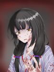  1girl asakura_karen_(heaven_burns_red) black_hair blood blood_on_clothes blood_on_face blood_on_hand commentary_request dried_blood hair_tie heaven_burns_red highres hospital_gown long_hair low_twintails open_mouth orange_eyes rai_25104 twintails 