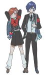  1boy 1girl armband arms_behind_head bag bag_charm belt black_jacket black_pants black_ribbon black_skirt blue_bag blue_eyes blue_shoes bow bowtie brown_belt brown_hair brown_shoes character_charm charm_(object) closed_mouth collared_shirt expressionless full_body gekkoukan_high_school_uniform grey_eyes hair_between_eyes hair_ornament hairclip hand_in_pocket headphones highres jack_frost_(megami_tensei) jacket large_bow long_sleeves loose_socks neck_ribbon nzsssm open_clothes open_jacket pants persona persona_3 persona_3_portable pleated_skirt red_armband red_bow red_bowtie red_eyes ribbon s.e.e.s school_bag school_uniform shiomi_kotone shirt shoes short_hair simple_background skirt socks white_background white_shirt white_socks wing_collar x_hair_ornament yuuki_makoto_(persona_3) 