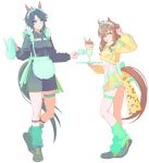  2girls ahoge animal_ears apron black_hair black_jacket black_skirt blue_eyes blush breasts brown_hair cropped_jacket cup danumamusume frilled_apron frills fuji_kiseki_(umamusume) green_socks hair_between_eyes hair_bun hair_ornament hairclip highres holding holding_saucer holding_teapot holding_tray horse_ears horse_girl horse_tail jacket jersey_maid jungle_pocket_(umamusume) long_sleeves looking_at_viewer maid maid_apron maid_headdress medium_breasts medium_hair midriff multicolored_hair multiple_girls navel notched_ear one_eye_closed open_mouth saucer short_hair simple_background skirt small_breasts smile socks suspender_skirt suspenders tail teacup teapot thigh_strap tongue tongue_out track_jacket tray umamusume unconventional_maid white_apron white_background white_hair yellow_eyes yellow_jacket yellow_skirt 
