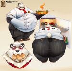 absurd_res anthro appliance barazoku bear belly bent_over big_belly big_butt butt cheek_bulge chef chef_uniform clothing eyewear food fridge front_view full-length_portrait giant_panda glasses headshot_portrait hi_res kitchen_appliance male mammal mihoyo multiple_images obese obese_male open_fridge overweight overweight_male pan_yinhu pinstripe_pants pinstripes portrait rear_view rice smile solo tigertimeworks uniform wearing_glasses zenless_zone_zero