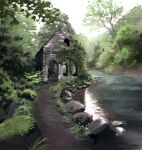  12fulworlds building day forest grey_sky highres moss nature no_humans original outdoors overgrown painterly path river riverbank rock ruins scenery sky tree water 