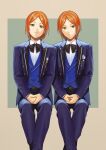  2boys absurdres aoi_hinata aoi_yuta black_bow black_bowtie blazer bow bowtie buttons closed_mouth collared_shirt commentary double-breasted ensemble_stars! feet_out_of_frame green_eyes highres invisible_chair jacket lapels layered_clothes layered_sleeves long_sleeves looking_at_viewer male_focus multiple_boys notched_lapels official_alternate_costume open_clothes open_jacket orange_hair parted_bangs pipin_(manmarusinden) shirt short_hair siblings sitting smile twins two-tone_background untranslatable_commentary walk_with_your_smile_(ensemble_stars!) 