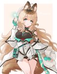  1girl absurdres ahoge animal_ears aphrissa_(arknights) arknights border bright_pupils brown_background brown_hair brown_tail chinese_commentary closed_mouth commentary_request cowboy_shot detached_sleeves fingerless_gloves gloves green_eyes green_gloves hand_up hat highres ice_orange_lovegg long_hair looking_at_viewer magic multiple_thigh_straps outside_border partial_commentary smile solo split_mouth standing tail thigh_strap white_border white_hat white_pupils white_sleeves yellow_eyes 