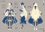  armor armored_shoes armpits beads black_gloves blonde_hair blue_eyes blue_flower blue_gem blue_skirt bracer braid breasts brown_background center_opening cleavage closed_mouth clothing_cutout color_guide commentary commentary_request commission dot_nose elbow_gloves expressionless eyebrows_hidden_by_hair fingerless_gloves flower flower_symbol frilled_skirt frills gem gloves hair_between_eyes hair_ribbon half_up_braid headpiece high_heels highleg highleg_leotard hip_armor large_breasts leotard long_hair looking_at_viewer multiple_views navel navel_cutout oppai_loli original reference_sheet revealing_clothes ribbon sakuma_gin_maru_sakuma sheath sheathed shield shoulder_armor signature skeb_commission skirt sword translated vambraces very_long_hair weapon 