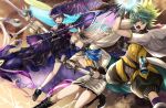  1boy 3girls another_eden aqua_hair battle black_boots black_dress black_pants black_shoes black_sleeves blonde_hair blue_neckerchief boots breasts butterfly_hair_ornament commentary_request detached_sleeves dewey_(another_eden) drawing_sword dress drill_hair e_haruno flower footwear_flower furrowed_brow green_hair hair_between_eyes hair_ornament hat highres holding holding_polearm holding_sword holding_weapon isuka_(another_eden) jacket large_breasts long_hair mechanical_arms medium_breasts mini_hat multicolored_hair multiple_girls neckerchief open_mouth pants polearm ponytail premaya_(another_eden) purple_eyes purple_hair robot_girl shirt shoes sleeveless sleeveless_dress smile socks streaked_hair suzette_(another_eden) sword weapon white_dress white_jacket white_socks white_wrist_cuffs wrist_cuffs yellow_eyes yellow_shirt 