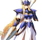  1girl armor armored_dress blonde_hair braid breastplate breasts closed_mouth dress elbow_gloves game_asset gauntlets gloves gold_trim helmet himekishi_olivia holding holding_polearm holding_weapon lance large_breasts large_variant_set long_hair low-tied_long_hair lune_(himekishi_olivia) non-web_source official_art polearm purple_eyes red_eyes self-datamine shoulder_armor simple_background solo spear tachi-e transparent_background urotake_wakuto valkyrie variant_set very_long_hair weapon winged_helmet 