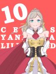  1girl ascot bare_shoulders black_corset blue_eyes breasts ceras_yanagida_lilienfeld character_name commentary corset countdown detached_sleeves double_bun dress edelinien frilled_dress frills grey_hair grin hair_bun hair_ribbon highres long_hair looking_at_viewer love_live! love_live!_hasu_no_sora_jogakuin_school_idol_club medium_breasts mifukuzawa red_ascot red_background ribbon smile solo strapless strapless_dress tiara virtual_youtuber yellow_dress yellow_ribbon 