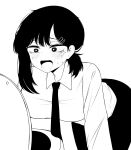  1girl absurdres bent_over blush breasts chainsaw_man commentary_request geah greyscale hair_ornament hairclip higashiyama_kobeni highres large_breasts medium_hair mole mole_under_eye mole_under_mouth monochrome necktie open_mouth parallel_hairclips shirt simple_background single_sidelock solo sweat tearing_up toilet white_background 