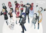  5girls 6+boys absurdres aigis_(persona) amada_ken animal anniversary aqua_hair aragaki_shinjirou arms_behind_back arms_up baseball_cap beanie belt black_jacket black_pants black_shorts black_skirt black_socks blonde_hair blue_eyes blue_hair blue_skirt bow bowtie brown_eyes brown_hair cardigan choker closed_mouth coat collared_shirt commentary_request copyright_name crossed_arms digital_walkman dog dress earrings flipped_hair full_body gekkoukan_high_school_uniform grey_eyes grey_hair grin hairband hand_in_pocket hat highres hood hood_down hoodie iori_junpei jacket jewelry kirijou_mitsuru kneehighs koromaru_(persona) lolita_fashion long_hair long_sleeves looking_at_viewer miniskirt mochizuki_ryouji mp3_player multiple_boys multiple_girls neck_ribbon open_clothes open_jacket open_mouth orange_hoodie otoseto pants persona persona_3 pharos pink_cardigan red_bow red_bowtie red_hair red_sweater_vest ribbed_cardigan ribbon sanada_akihiko scarf school_uniform shirt short_hair shorts skirt smile socks standing striped_clothes striped_pants striped_shirt stud_earrings sweater_vest takeba_yukari white_choker white_dress white_shirt white_socks wing_collar yamagishi_fuuka yellow_scarf yoshino_chidori yuuki_makoto_(persona_3) 