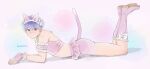  1boy animal_ear_hairband animal_ears artist_name bare_shoulders bell blue_hair boots bow bulge cat_ear_hairband cat_ears cat_tail closed_mouth colored_shoe_soles commentary_request crop_top crossdressing crossdressing_(mtf) fake_animal_ears feet_up_heels_up fingerless_gloves footwear_bow frilled_armlet frilled_gloves frills from_side full_body gloves grey_eyes hair_between_eyes hairband jingle_bell knee_boots lace-up_boots legs_together lemicon light_blush light_smile looking_at_viewer lying male_focus male_underwear neck_bell on_stomach original panty_bulge pink_boots pink_gloves pink_male_underwear pink_tail pink_vest short_hair solo tail turning_head underwear variant_set vest white_background white_bow 