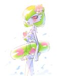  1girl bikini bikini_skirt blush bob_cut colored_skin commentary flower frilled_bikini frills gardevoir green_hair hair_flower hair_ornament hair_over_one_eye lifebuoy midriff open_mouth pink_eyes pink_flower pokemon pokemon_(creature) raine_(acke2445) simple_background smile swim_ring swimsuit untranslatable_commentary white_background white_skin 
