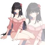  1girl black_hair blue_eyes blush breasts choker cleavage closed_mouth colored_inner_hair commentary covered_navel detached_sleeves earrings flower frilled_leotard frilled_sleeves frills hair_flower hair_ornament highres jewelry large_breasts leotard long_hair multicolored_hair pink_choker pink_flower pink_leotard pink_sleeves shirayuki_hina single_earring sitting smile solo stellive strapless strapless_leotard three-quarter_sleeves very_long_hair virtual_youtuber white_background yokozuwari yuringi_(wkd4466) zoom_layer 