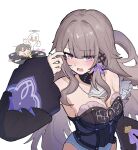  1boy 1girl absurdres bare_shoulders black_dress black_sleeves blush breasts caelus_(honkai:_star_rail) collarbone commentary_request condom detached_sleeves dress ghost giving_up_the_ghost grey_hair halo herta_(honkai:_star_rail) highres honkai:_star_rail honkai_(series) implied_after_sex jewelry key key_necklace long_hair looking_at_viewer necklace open_mouth purple_eyes short_hair simple_background small_breasts sweat the_herta_(honkai:_star_rail) trailblazer_(honkai:_star_rail) used_condom very_long_hair white_background yamaarashi_no_su 