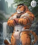 abs anthro asian_clothing body_hair bulge chest_hair clothing crossed_arms detailed_background east_asian_clothing en_gawein eyes_closed felid fog fundoshi hi_res japanese_clothing lee_taeho male mammal mountain muscular muscular_anthro muscular_male pantherine plant pube_peek pubes shin_rirang stalking tiger tree underwear waterfall white_clothing white_fundoshi white_underwear xxl_woofia