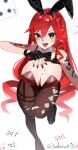  1girl animal_ears arm_tattoo between_breasts black_bow black_bowtie black_gloves black_shoes bow bowtie breasts card card_between_breasts collar commentary detached_collar dragon_tattoo elly_(bunny)_(vtuber) elly_(vtuber) fake_animal_ears fingerless_gloves five_of_hearts gloves green_eyes hair_between_eyes highres ikada_nami indie_virtual_youtuber large_breasts leotard long_hair looking_at_viewer open_mouth pantyhose pantyhose_cutout playboy_bunny playing_card rabbit_ears red_hair red_leotard shoes solo tattoo untranslatable_commentary virtual_youtuber white_background white_collar 