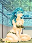  animal_print bikini blue_eyes boots breasts commentary_request cone_horns green_hair horns indoors long_hair lum medium_breasts on_floor oni pointy_ears print_boots seiza shouji sitting sliding_doors small_horns smile strapless strapless_bikini striped_horns swimsuit tatami tiger_print tiger_print_bikini unworn_boots urusei_yatsura uzushio_(uzusio) water water_drop wet wet_clothes wet_hair wet_swimsuit yellow_horns 