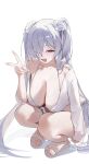  1girl absurdres bare_shoulders bikini blush breasts cinderella_(crystal_wave)_(nikke) cinderella_(nikke) cleavage collarbone commentary flower goddess_of_victory:_nikke grey_sarong hair_ornament hair_over_one_eye highres i!roha large_breasts long_hair looking_at_viewer official_alternate_costume open_mouth red_eyes sandals sarong shirt simple_background smile solo squatting swimsuit tied_shirt twintails v white_background white_bikini white_hair white_sarong white_shirt 