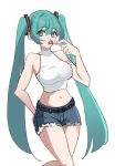 1girl absurdres arm_tattoo armpits blue_eyes blue_hair blue_shorts commentary crop_top cropped_shirt fyyers hatsune_miku highres long_hair looking_to_the_side navel shirt short_shorts shorts sleeveless sleeveless_shirt solo stomach tattoo twintails untranslatable_commentary very_long_hair vocaloid white_background white_shirt 