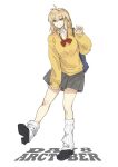  1girl antenna_hair arcueid_brunestud bag black_shoes black_skirt blonde_hair bow bowtie breasts cleavage collared_shirt full_body hair_between_eyes hand_up highres jonyeld leg_warmers long_sleeves looking_at_viewer loose_bowtie medium_hair paw_pose pleated_skirt red_eyes school_bag school_uniform shirt shoes shoulder_bag simple_background single_hair_intake skirt smile solo standing standing_on_one_leg sweater tsukihime white_background wide_sleeves yellow_sweater 