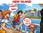  2girls 3boys antlers black_hair blue_nose boat commentary english_commentary english_text hat highres horns ishowspeed_trying_not_to_laugh_(meme) island jeffrey_epstein little_saint_james_island meme monkey_d._luffy multiple_boys multiple_girls nami_(one_piece) neggoartz nico_robin ocean on_boat one_piece orange_hair pink_hat pointing real_life reindeer_antlers reindeer_boy sanji_(one_piece) speech_bubble straw_hat straw_hat_pirates tony_tony_chopper watercraft 