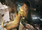  1boy absurdres air_conditioner alley blood blood_on_weapon bone brick_wall building combat_knife commentary_request crying dog falling_leaves highres holding holding_weapon knife leaf on_ground original outdoors sitting tonomura_yuyu trash trash_bag trash_can urban weapon 