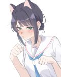  animal_ears black_hair blush cat_ears cho_kaguya-hime! green_eyes hair_bun highres mole mole_under_eye paw_pose potu_sabu sakayori_iroha school_uniform white_background 