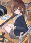  1girl absurdres aqua_panties aqua_ribbon bag black_bag black_socks blazer blush bow bow_panties breasts brown_eyes brown_hair brown_sweater chair classroom closed_mouth collared_shirt commentary_request desk film_grain from_above from_side full_body green_sandals grey_jacket grey_skirt highres indoors jacket layered_sleeves long_sleeves looking_at_viewer looking_to_the_side looking_up medium_hair miniskirt neck_ribbon on_chair open_clothes open_jacket original oumiya_hinari panties pleated_skirt ribbon sandals school_bag school_chair school_desk school_uniform shirt sitting skirt smile smug socks solo sweater turning_head underwear unworn_panties v-neck white_shirt 