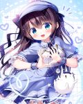  1girl :d animal bear blue_bow blue_capelet blue_hat blue_skirt blush bow breasts brown_hair capelet commentary_request deerstalker frilled_capelet frilled_skirt frills green_eyes grid_background hair_between_eyes hat heart heart_hands high-waist_skirt highres long_hair magnifying_glass medium_breasts notice_lines open_mouth original plaid_hat polar_bear sasai_saji shirt signature skirt smile solo very_long_hair white_shirt wrist_cuffs 