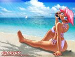  1girl beach bikini blue_eyes boat breasts cloud commentary dark_skin holding holding_removed_eyewear island kenix light_smile looking_at_viewer ocean official_art official_wallpaper original pink_hair sailboat short_hair smile swimsuit thick_thighs thighs unworn_eyewear watercraft white_bikini 