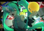  1girl aqua_necktie aqua_trim arm_tattoo closed_eyes collared_shirt commentary_request cursor film_grain green_eyes green_hair green_nails grey_shirt hand_up hatsune_miku headset highres kaben_sore_ni_matsuwaru_onsei_(vocaloid) letterboxed long_hair necktie open_mouth outside_border road_sign sato_(r017xts117) shirt sign signature sleeveless sleeveless_shirt smile tattoo tie_clip twintails upper_body vocaloid window_(computing) wing_collar 
