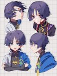  2boys aqua_gem black_bodysuit black_hair black_kimono black_sleeves blood blood_on_face blue_cape blunt_ends bodysuit cape closed_mouth commentary_request covered_collarbone crossed_arms dual_persona empty_eyes feathers gem genshin_impact gold half-closed_eyes hands_on_own_arms highres japanese_clothes jewelry juban kimono looking_at_viewer looking_to_the_side mandarin_collar mitsudomoe_(shape) multiple_boys multiple_expressions multiple_views neck_ring no_pupils open_mouth purple_eyes purple_rope red_kimono rope scaramouche_(genshin_impact) shimenawa side_cape smile sweat sweatdrop tarou_ota0 tomoe_(symbol) tsurime vision_(genshin_impact) wanderer_(genshin_impact) white_kimono white_rope white_sleeves yellow_feathers 