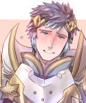  1boy armor blush circlet colored_tips commentary_request fire_emblem fire_emblem_heroes flying_sweatdrops hrid_(fire_emblem) male_focus monsuke_(monban) multicolored_hair popped_collar smile upper_body 