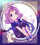  1girl acerola_(pokemon) commentary_request dress flipped_hair looking_at_viewer mimikyu multicolored_dress nru1k pokemon pokemon_(creature) pokemon_sun_and_moon purple_eyes purple_hair sandals short_sleeves smile topknot 