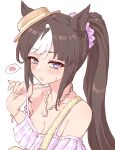  1girl absurdres animal_ears bare_shoulders blush bracelet breasts brown_hair cleavage collarbone commentary_request fingernails hair_ornament hair_scrunchie hat highres hokko_tarumae_(pastel_marine_locadol)_(umamusume) hokko_tarumae_(umamusume) horse_ears horse_girl jewelry long_hair looking_at_viewer mini_hat multicolored_hair nail_polish necklace official_alternate_costume official_alternate_hairstyle overall_skirt overalls pink_scrunchie ponytail pulling_own_clothes purple_eyes scrunchie shell shell_necklace solo spoken_blush strap_pull streaked_hair sweatdrop szykkz umamusume very_long_hair white_background white_nails white_streaks yellow_hat yellow_overalls 