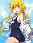  1girl absurdres ass black_one-piece_swimsuit blonde_hair blue_sky cloud commentary_request drawstring highres hood hooded_jacket jacket kantai_collection long_hair looking_at_viewer looking_back low_twintails name_tag one-piece_swimsuit satsuki_(kancolle) signature sky smile solo swimsuit twintails twitter_username ver_norma2 white_jacket yellow_eyes 
