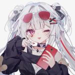  1girl :p ;p bare_shoulders black_choker black_shirt blush breasts butterfly-shaped_pupils cellphone choker cleavage commentary_request eyewear_on_head facial_mark hair_ornament hair_ribbon heart heart_facial_mark highres holding holding_phone honkai:_star_rail honkai_(series) jewelry long_hair looking_at_viewer medium_breasts multicolored_hair multicolored_nails nail_art necklace official_alternate_costume official_alternate_hairstyle one_eye_closed phone pink_eyes red_streaks ribbon shiromu_(sir0mu) shirt sleeves_past_wrists smartphone solo sparkle_(honkai:_star_rail) sparxie_(candy-coated_waves)_(honkai:_star_rail) sparxie_(honkai:_star_rail) streaked_hair stuffed_animal stuffed_toy sunglasses symbol-shaped_pupils teddy_bear tongue tongue_out twintails twitter_username two_side_up upper_body v very_long_hair white_hair x_hair_ornament 