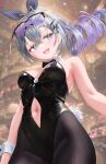  1girl bare_shoulders black_leotard black_pantyhose bow bowtie breasts clothing_cutout commentary_request cowboy_shot detached_collar fake_tail goggles goggles_on_head gradient_hair grey_eyes grey_hair hair_ribbon highleg highleg_leotard highres honkai:_star_rail honkai_(series) leotard long_hair looking_at_viewer medium_breasts multicolored_hair nanaki24 navel navel_cutout nontraditional_playboy_bunny open_mouth pantyhose ponytail purple_hair rabbit_tail revision ribbon silver_wolf_(honkai:_star_rail) smile solo strapless strapless_leotard tail wrist_cuffs 