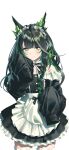  1girl :3 absurdres apron arknights black_dress black_hair braid clothing_cutout commentary cowboy_shot dress green_eyes green_hair highres logo long_sleeves maid_headdress mon3tr_(arknights) rui_(rei_leyi) shoulder_cutout side_braid simple_background sleeves_past_fingers sleeves_past_wrists solo waist_apron white_apron white_background 