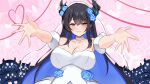  1girl absurdres black_hair black_horns blue_flower blue_hair breasts cleavage closed_mouth colored_inner_hair commentary demon_horns dress english_commentary flower hair_flower hair_ornament highres hololive hololive_english horns large_breasts long_hair looking_at_viewer mole mole_under_eye multicolored_hair nerissa_ravencroft official_alternate_costume outstretched_arms oyomeholic_(nerissa_ravencroft) panpanmc4 red_eyes smile solo two-tone_hair very_long_hair virtual_youtuber wedding_dress 