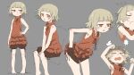  1girl absurdres barefoot blunt_bangs blush_stickers brown_shorts dress drooling fang frilled_dress frills grey_background highres kiss-shot_acerola-orion_heart-under-blade kiss-shot_acerola-orion_heart-under-blade_(small) light_frown monogatari_(series) multiple_views orange_dress orange_eyes oshino_shinobu saliva short_hair shorts sitting sleeping sleeveless sleeveless_dress tantrum tsukumizu vampire zzz 