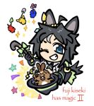  1girl ahoge animalization arm_up black_gloves black_hair black_jacket blue_eyes blue_pikmin bow cane chibi commentary crossover ear_ornament english_text flower fuji_kiseki_(shooting_star_revue)_(umamusume) fuji_kiseki_(umamusume) gloves grey_hair grin hat highres holding holding_cane holding_unworn_clothes holding_unworn_hat jacket jewelry jungle_pocket_(umamusume) leaf long_sleeves looking_at_viewer multicolored_hair necktie one_eye_closed open_clothes open_jacket pikmin_(creature) pikmin_(series) pikminpreggedup rabbit red_pikmin shirt simple_background smile two-tone_hair umamusume unworn_clothes unworn_hat unworn_headwear upper_body yellow_pikmin 