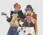  >_< 1girl 2boys arm_rest bad_source baseball_cap black_hair black_jacket blue_eyes blue_shorts brown_eyes cape clenched_hands dark-skinned_male dark_skin earrings facial_hair fang flying_sweatdrops fur-trimmed_cape fur_trim gloria_(pokemon) gloves goatee_stubble gym_challenge_uniform half_gloves hat headband height_difference highres jacket jewelry jungeol_(p_oxo7) leggings_under_shorts leon_(pokemon) long_hair multiple_boys one_eye_closed orange_headband partially_fingerless_gloves pokemon pokemon_sword_and_shield purple_hair raihan_(pokemon) red_cape shirt shorts single_half_glove striped_clothes striped_shirt stubble stud_earrings sweatdrop white_shorts wristband yellow_eyes 
